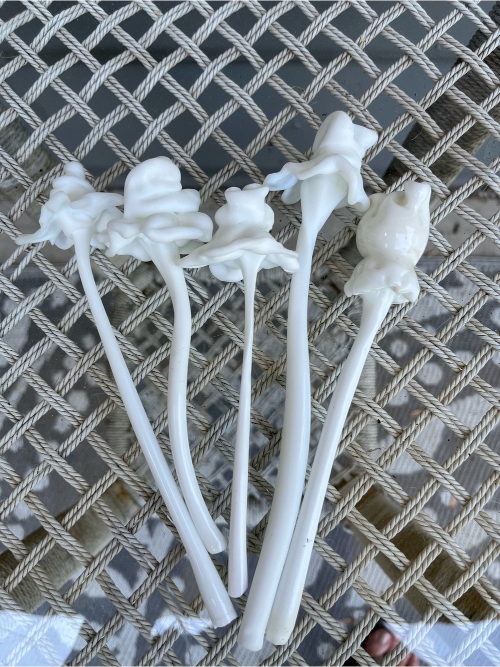 Unique Hand Blown White Glass Stemmed Flowers Set Of 5
